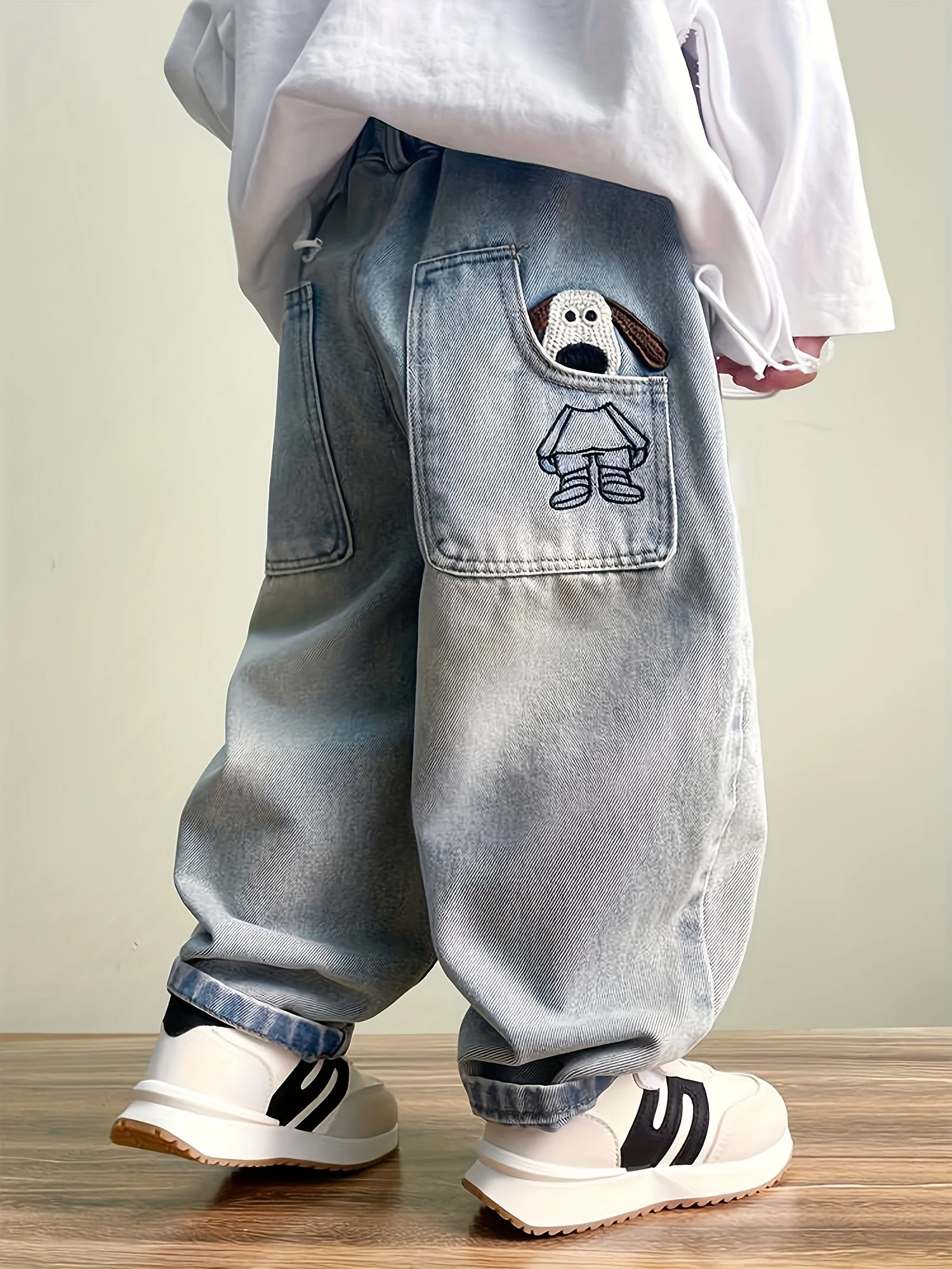 Boys' Denim Long Pants, Boys' Denim Pants with Dog Pattern Embroidery, Boys' Casual Pants for Going Out. Full Elastic Waistband - Image 2