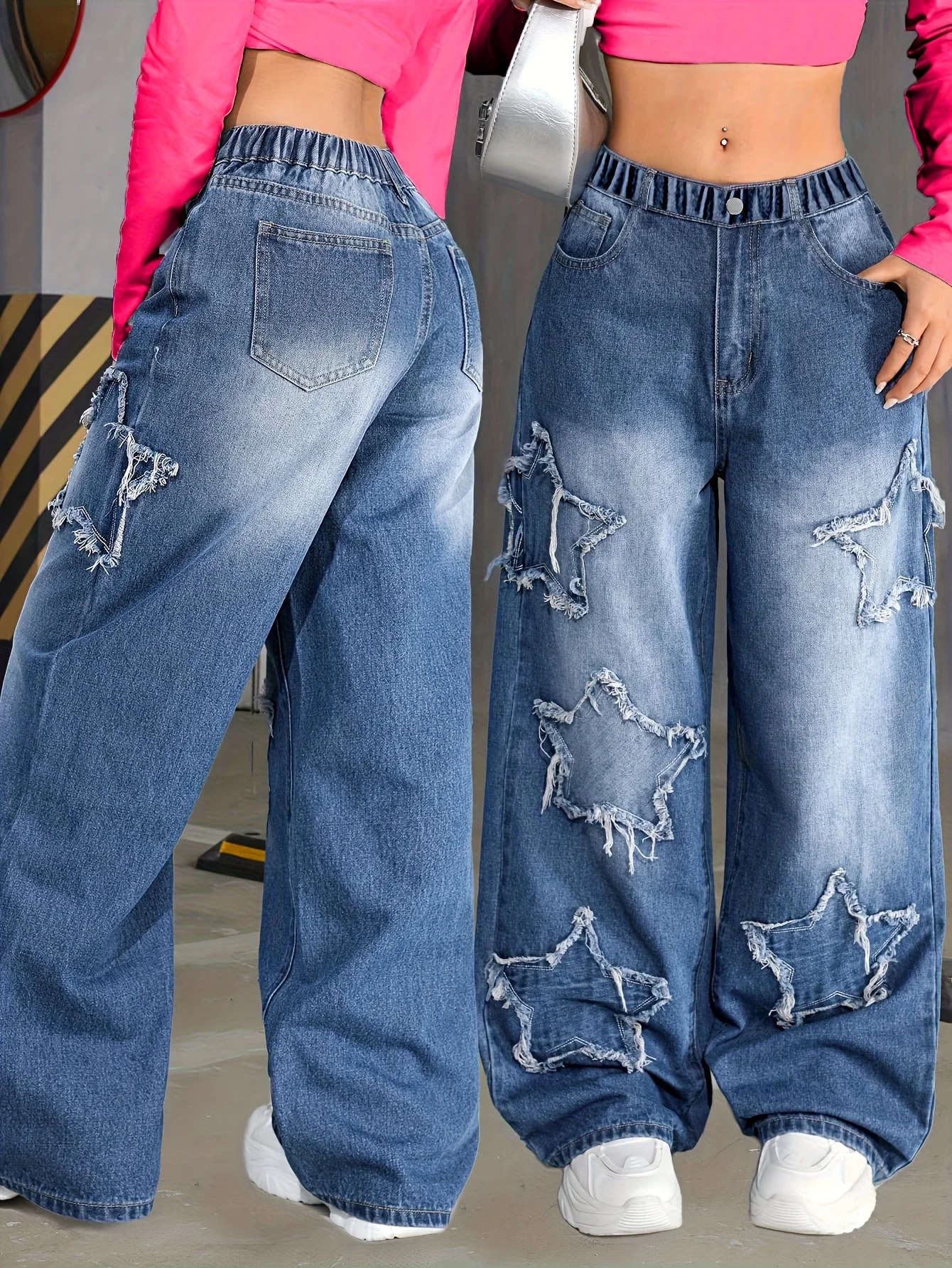 Girl's Y2K new five-star patch trendy straight-leg jeans, elastic waist, comfortable fabric, suitable for all seasons to wear.
