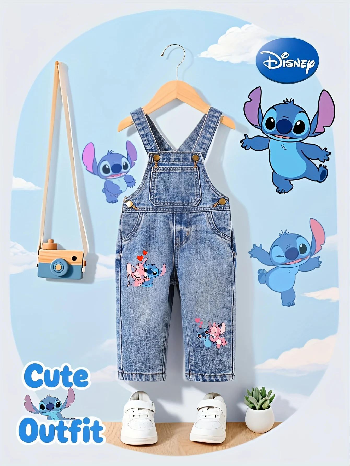 Disney Stitch Patterned Girls Y2K Casual Loose Overalls Comfortable Fabric Washed Denim Outdoor Casual Wear School And Daily Use