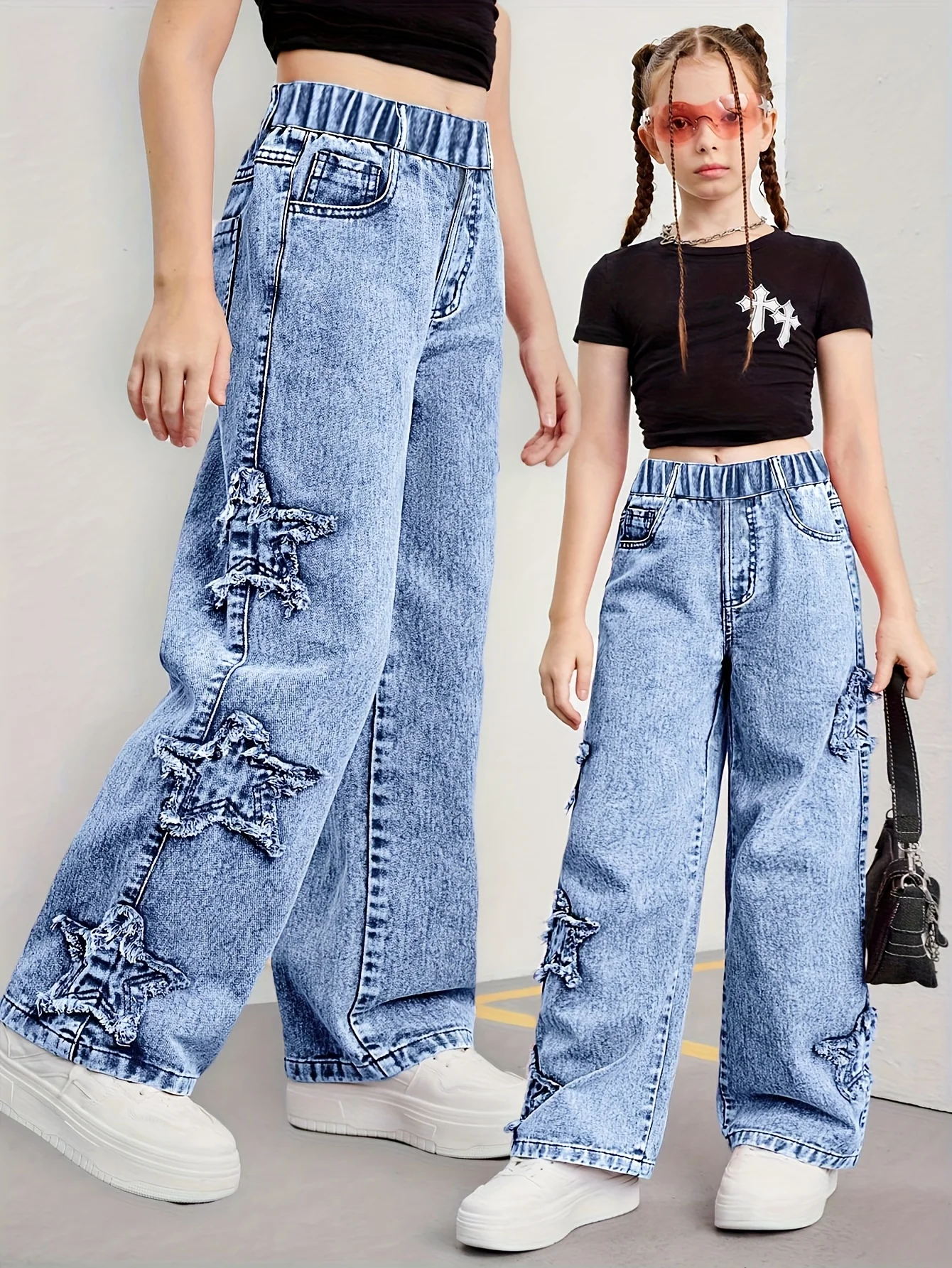 Girl's denim pants, Y2K five-star patch embroidery pattern straight-leg denim pants,holiday-style pants