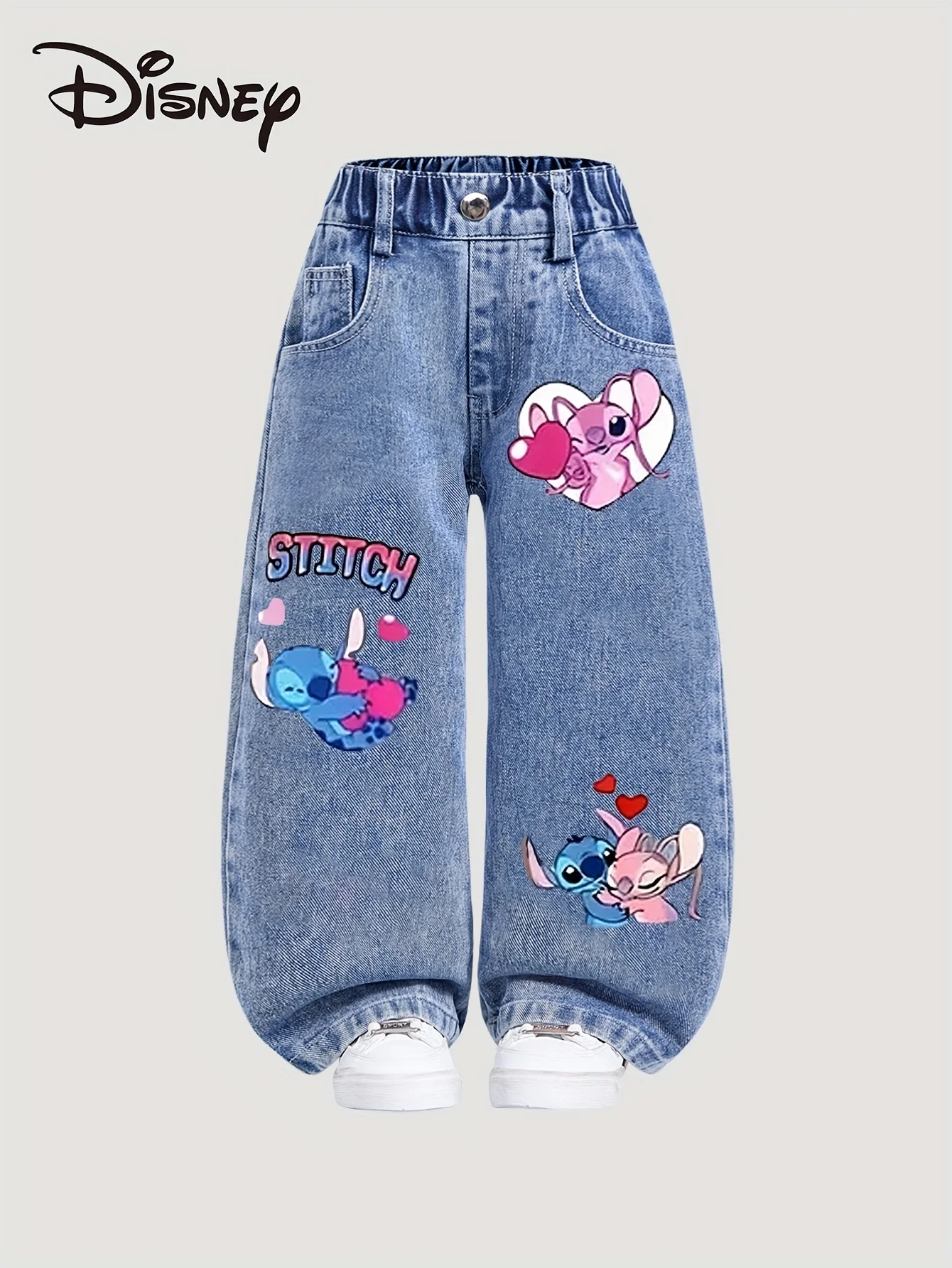 Disney Stitch Y2K Style Loose Straight Leg Jeans Girls Comfortable Year-Round Pants Full Elastic Waist Front Back Pockets,03