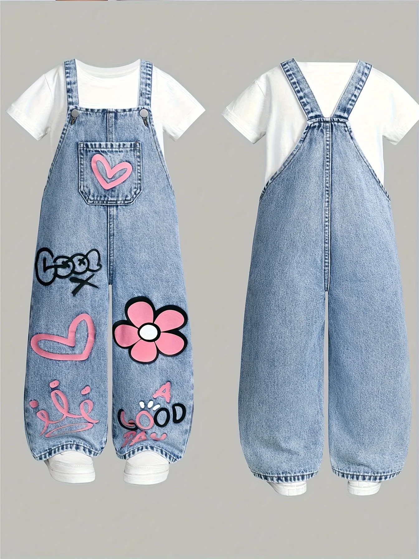Girls' floral, heart-shaped, rainbow graffiti pattern casual and comfortable Y2K streetwear denim drawstring pants.