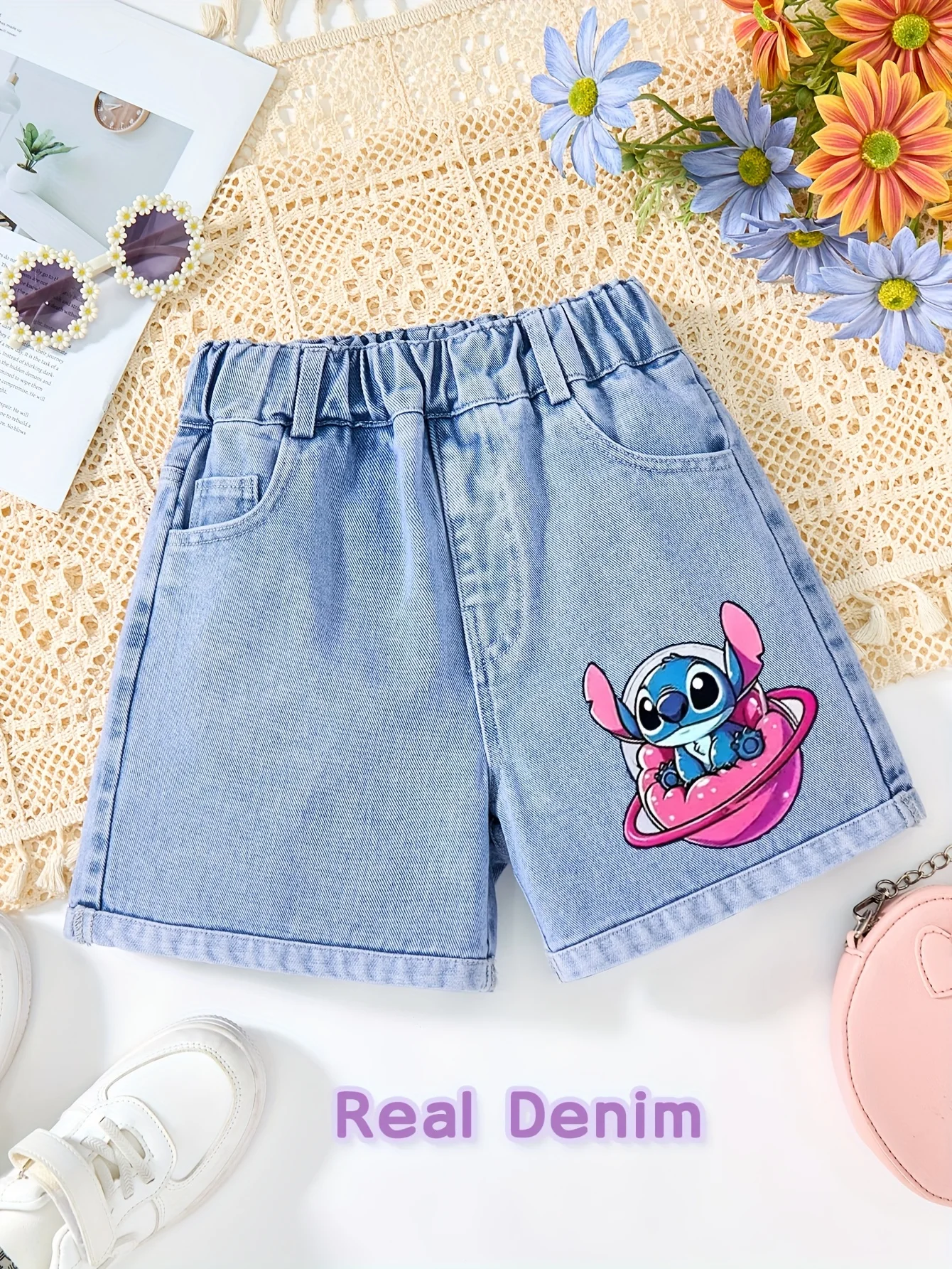 Disney Stitch Pattern Unisex Y2K Cute Loose Casual Denim Shorts Fashionable All-Match Full Elastic Waist Comfortable