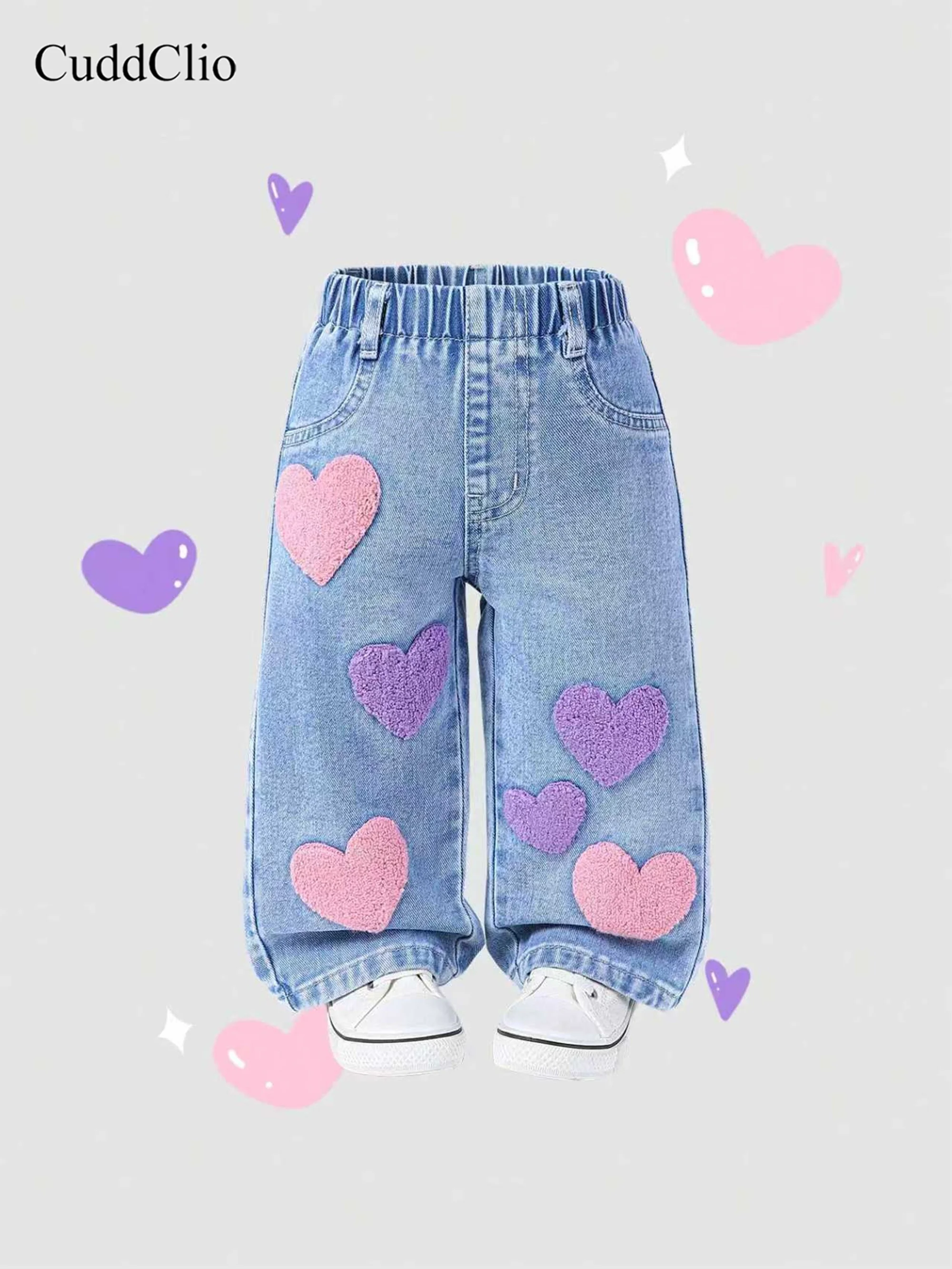 CuddClio Baby Girl's Loose Jeans Autumn Winter Pink Purple Heart Embroidery Cute Denim Full Elastic Waist Comfortable