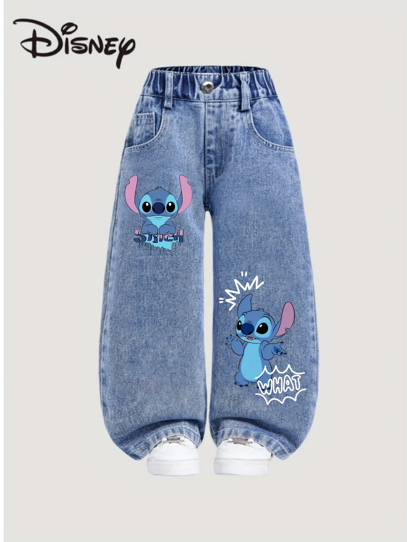Disney Stitch Y2K Style Loose Straight Leg Jeans Girls Comfortable Year-Round Pants Full Elastic Waist Front Back Pockets,02