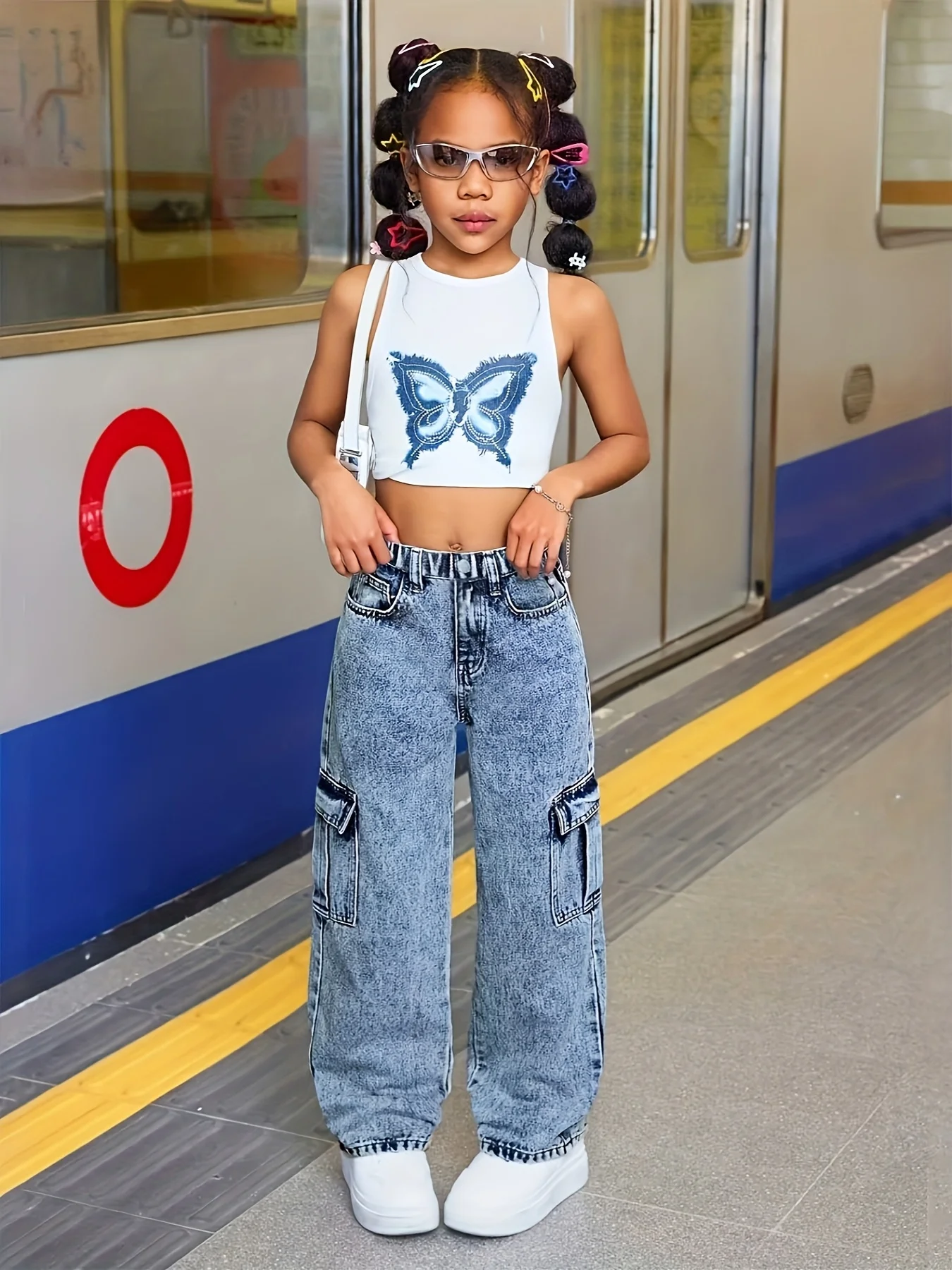 Girl's Y2K trendy straight-leg jeans, with elastic waist and comfortable fabric. Suitable for all seasons and festive occasions. - Image 2