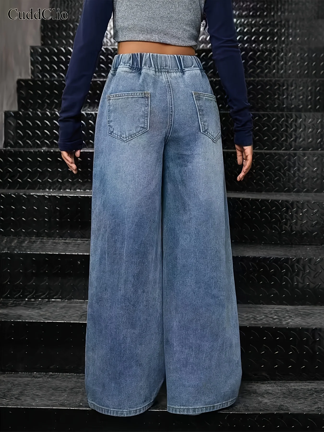 Girl's 2000s trendy street style loose and comfortable washed denim straight-leg pants, with elasticized stretch waist - Image 2